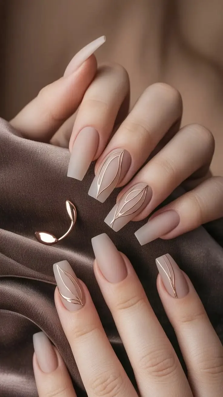 Matte nude coffin nails with rose gold chrome line art